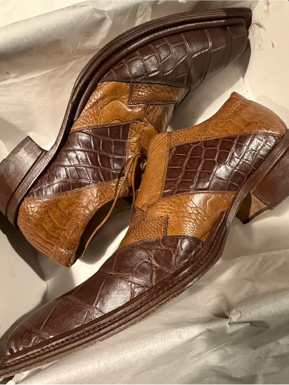 Men's Mauri Garda 44255 Genuine Crocodile 2-Tone Brown Dress Shoes Made in Italy